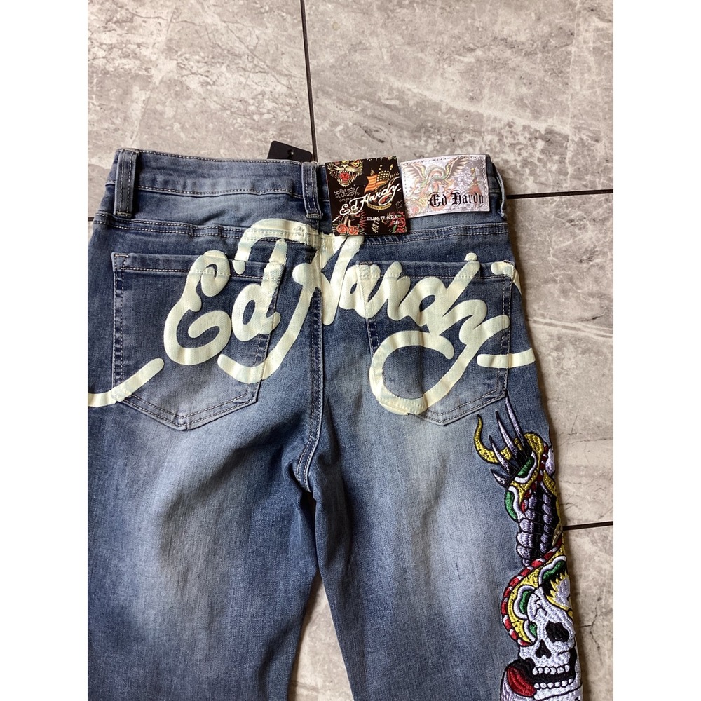 Ed Hardy Slim Flare Jeans Womens 26 Medium Vintage Blue Tattoo Embroidered Logo - Picture 2 of 12